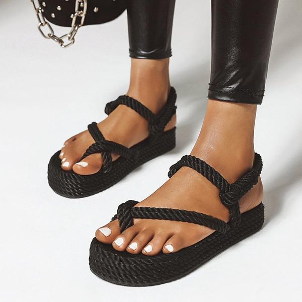 

platform sandals bohemian sandals for women flat linen rope platform female open toe slip-on shoe toe roman, Black