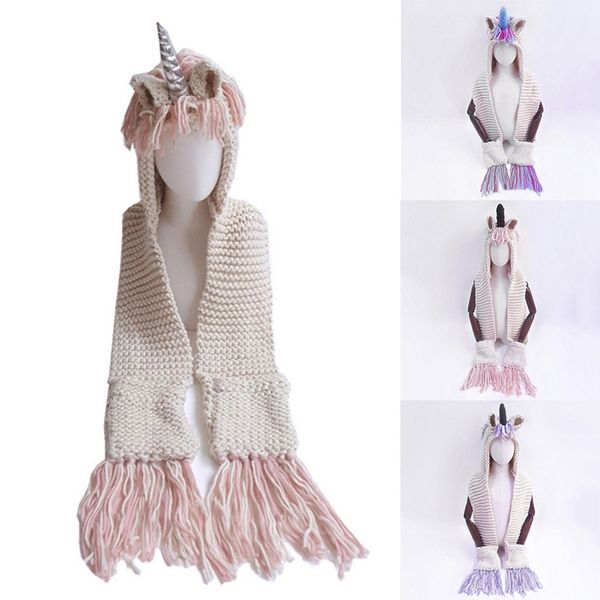 

new fashion winter warm children's unicorn wool scarf cloak shawl tassel warmer baby girls with caps girls outdoor windproof hat, Yellow
