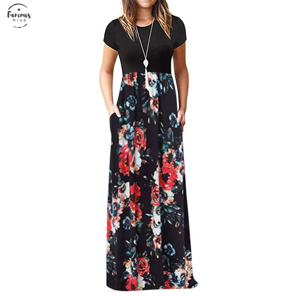 

womens dress summer 2020 plus size bohemian female casual short sleeve oneck print maxi long dress for women, Black;gray