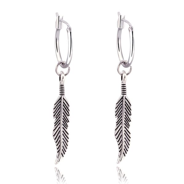 

1pair ethnic vintage silver color feather pandent hoop earrings for women circle earring hoops earing aretes jewelry e71, Golden;silver