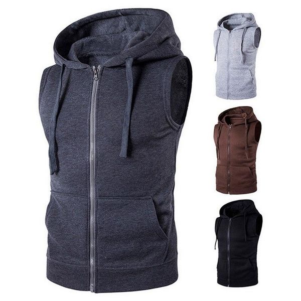 

brand new solid vest men fashion sleeveless hoodies cardigans jacket autumn causal zipper pockets vest waistcoat clothes, Black