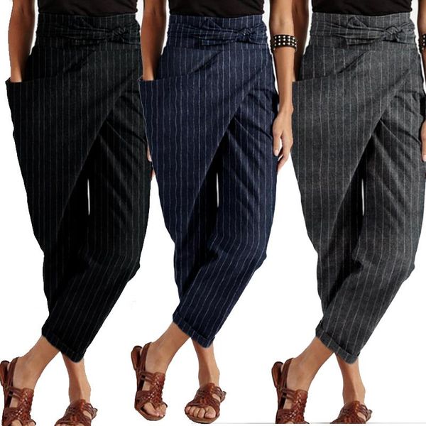 

women's pants & capris women striped trousers zanzea 2021 stylish asymmetrical harem causal lace up long pantalon palazzo female plus s, Black;white