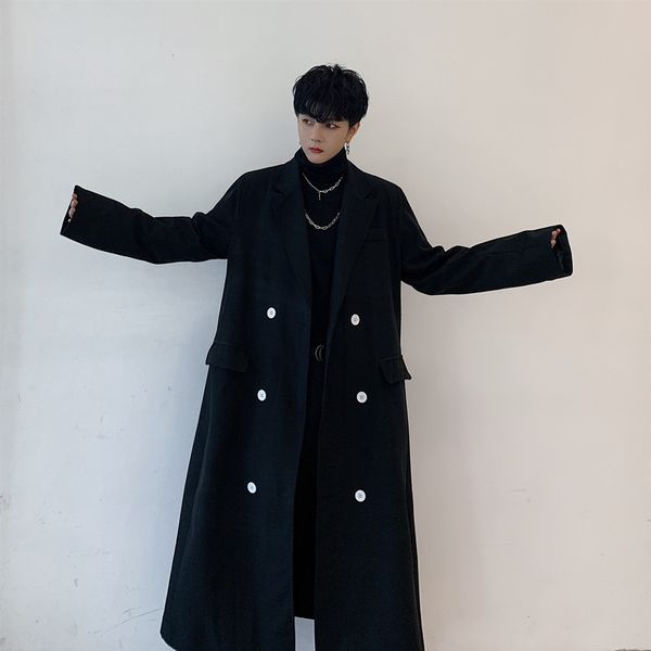 

male streetwear fashion vintage loose windbreaker jacket overcoat men double breasted long thick trench coat outerwear, Tan;black