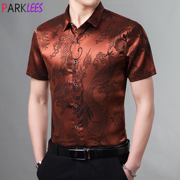 

vintage chinese dragon jacquard satin shirt men 2020 new short sleeve mens dress shirts casual button down chemise, White;black
