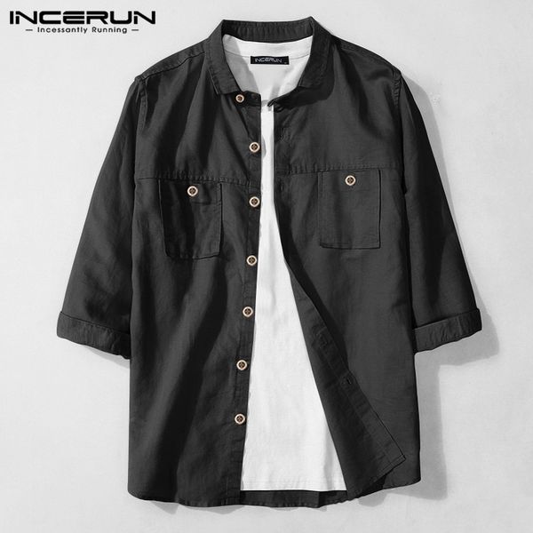 

2020 solid color men shirt lapel half sleeve harajuku streetwear pockets blouse button up casual fashion cotton camisa incerun, White;black