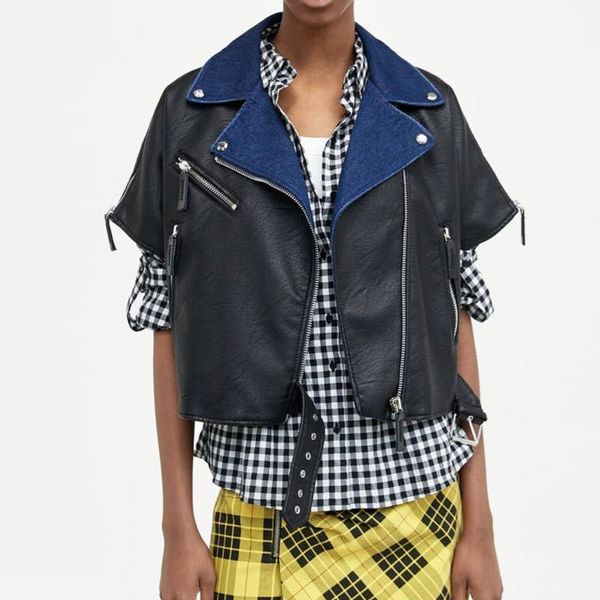 

2019 short sleeve spring autumn pu leather jacket casual slim soft moto faux leather jacket bright colors 2 colors wine red, Black