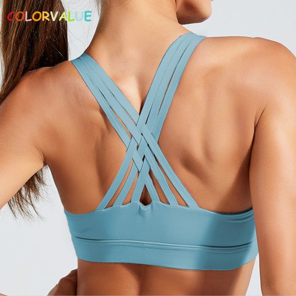 

colorvalue shockproof wireless fitness workout bras women plus size padded athletic sports gym bras strappy yoga crop, White;black