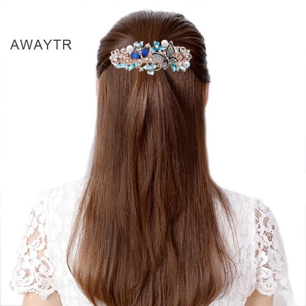 

awaytr женщины ladies party кристалл шпилька аксессуары для волос сплав горный хрусталь заколки для волос цветок бабочки жемчужные заколки, Golden;white