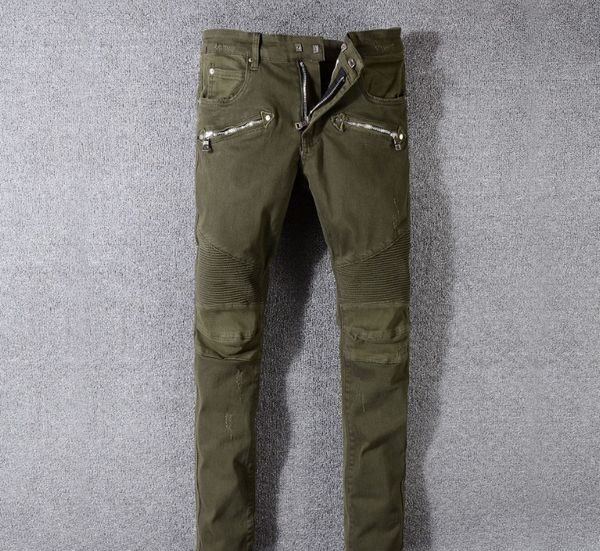 

mens designer jeans brand army green zipper design slim elastic jeans casual fashion pencil pants zipper denim jeans, Blue