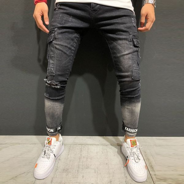 

2019 men pockets jeans hip hop zipper pantalones hombre hole distressed jeans ripped hombre slim pencil denim pants, Blue