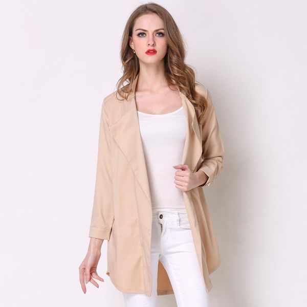 

plus size women trench coat spring autumn fashion khaki sky blue lapel long sleeve ladies clothes casual outerwear coats windbreaker, Tan;black