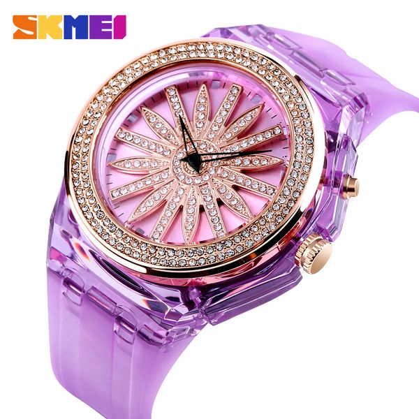 

skmei beatiful quartz watch fashion women watches creative rotating flower dial led light transparent case strap reloj muje 1536, Slivery;brown