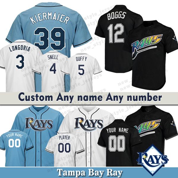 

Custom Tampa Bay Men Ray jersey Wade Boggs 39 Kevin Kiermaier 4 Blake Snell 3 Evan Longoria 5 Matt Duffy Baseball Jerseys Alvarado