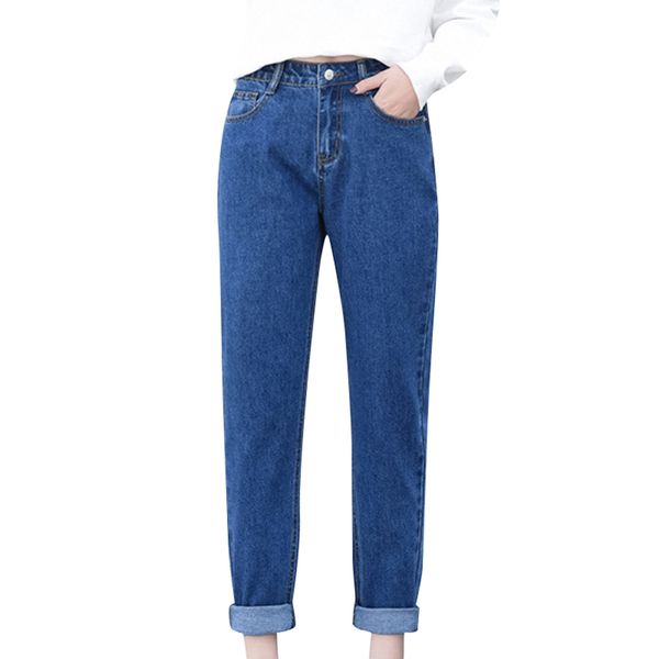 

women fashion trousers high waist jeans straight loose casual long pants -mx8, Blue