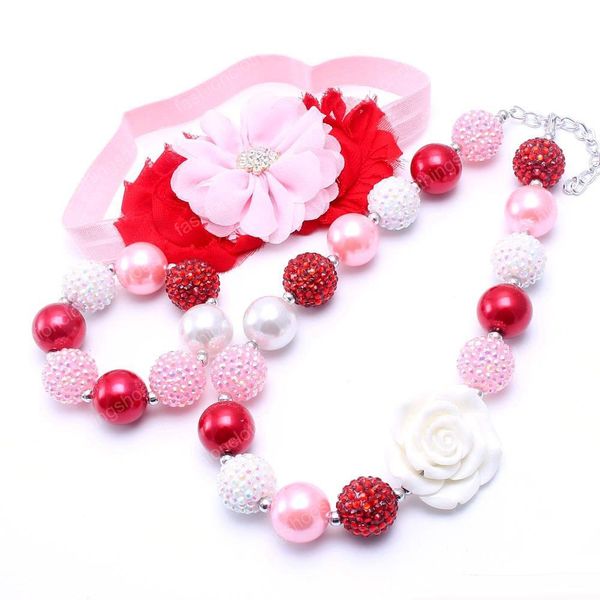 Colar de Design de Cor Rosa VermelhoPulseira Tiara 3 PÇS Conjunto de Jóias Flor Rosa Crianças Meninas Chiclete Bebê Crianças Colar Pesado Conjunto de Jóias