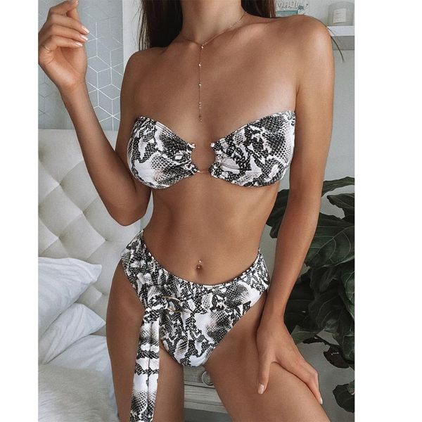 

women ring bandage bikini set push-up padd bra swimwear summer swimsuit snake skin print bikinis swimming suit female, White;black