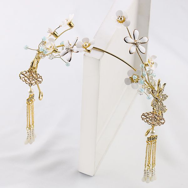 

vintage gold baroque hair jewelry pearl flower tiaras and crowns tassel bridal hairbands crystal women wedding hair accessories, Golden;white