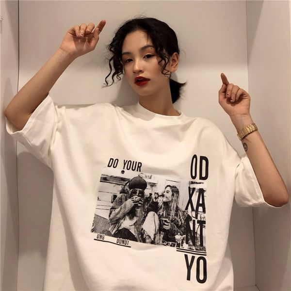 

2 colors 2019 spring korean style loose casual girl pattern o neck short sleeve t-shirts womens tee shirt femme (m2854, White