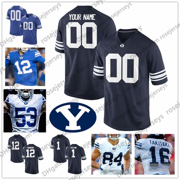 

byu cougars football #5 dayan ghanwoloku 33 emmanuel esukpa 82 dax milne 16 baylor romney 13 micah simon navy blue royal white jersey, Black
