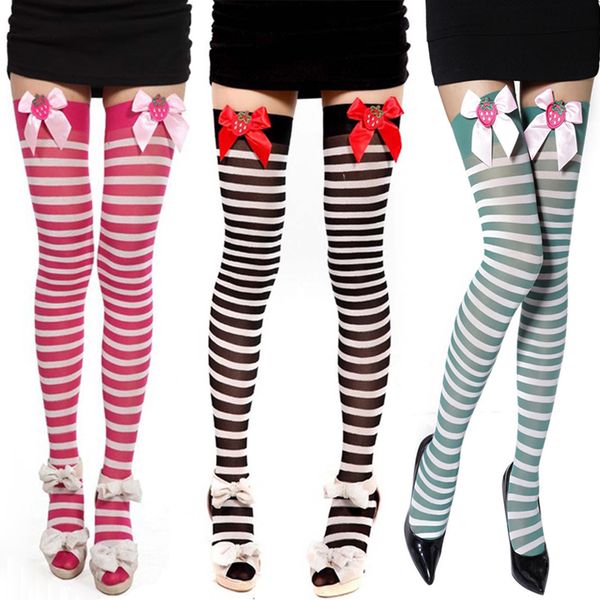 

women lolita christmas ultrathin velvet 20 denier strawberry bow striped long stockings ladies sheer vintage stockings for cheerleaders, Black;white