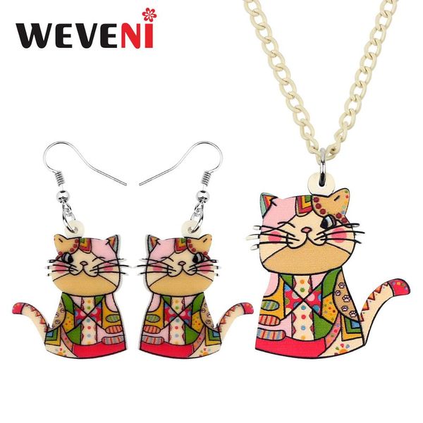

weveni acrylic happy cartoon kitten cat necklace earrings jewelry sets unique sweet pets for girl teens ladies charms party gift, Silver