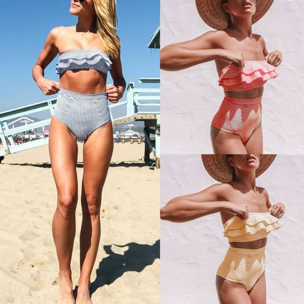 

women bikini set swimwear high waist ruffle spaghetti strap solid push-up padded bra swimsuit beachwear bathing suit, White;black
