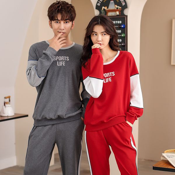 

pajama long sleeves pants 100% cotton color splice sport style pajama set home suit women and men matching lingerie, Black;red