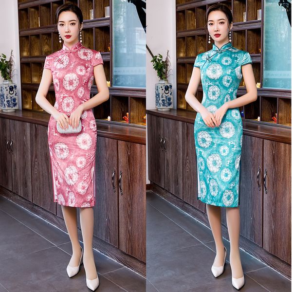 

summer gown mandarin collar print flower cheongsam chinese short sleeve young lady qipao vintage button casual dress, Red