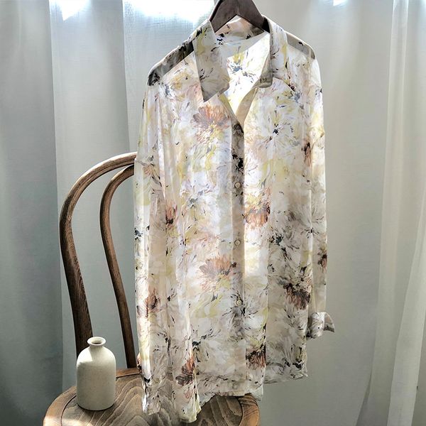 

2020 new women summer flower print blouses turn down collar boho see through womens and blouses blusas roupa feminina, White