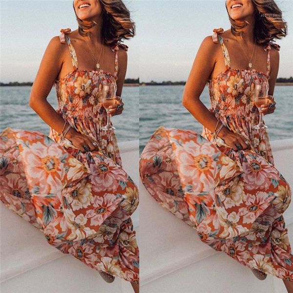 

boho beach long dress elegant party dresses womens clothing sleeveless floral print dress v neck split ruffle, Black;gray