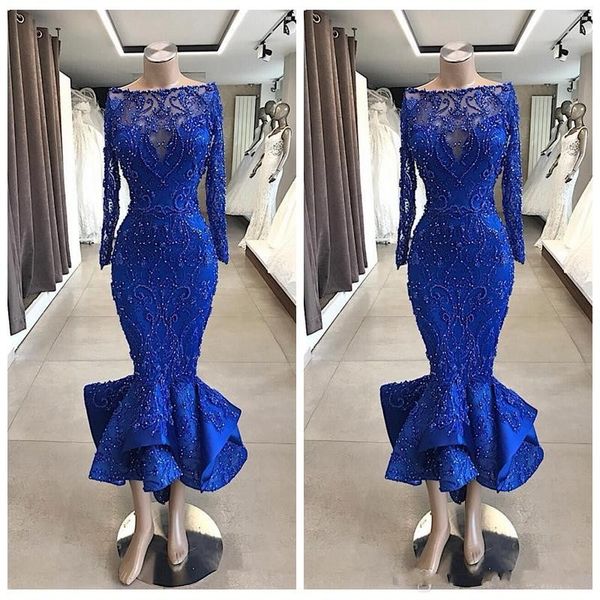 

Royal Blue длинными рукавами Тонкий Кружева Пром платья из бисера 2020 Формальное корот