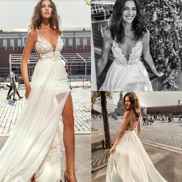 2019 Papilio Boho vestidos de noiva espaguete lace applique vestidos nupciais backless robe de mariée verão praia vestido de casamento lado split