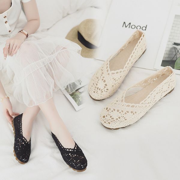 

women's shoes 2019 summer hollow fabric lace peas shoes casual flat women's breathable soft hand-woven fabric loafers, Black