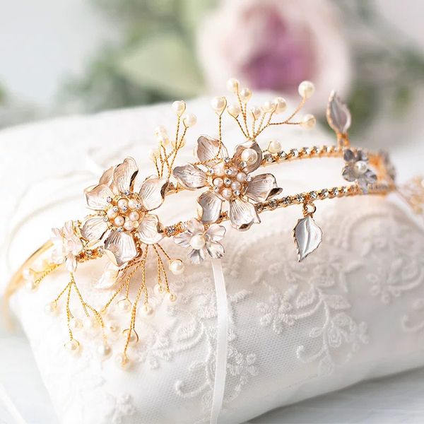

handmade gorgeous gold wedding headband tiaras pearls bridal headpiece brides hair accessories evening hair jewelry, Golden;white