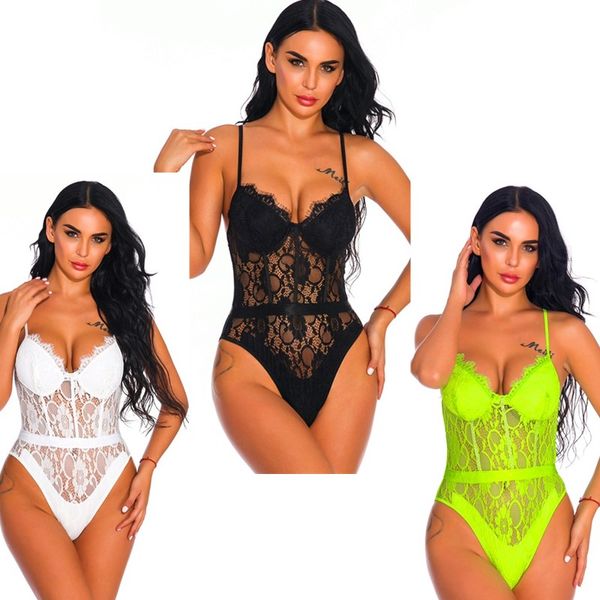 Mulheres rendas bodysuit sexy lingerie pamas virilha aberta roupa de dormir teddy com tiras cílios copos senhoras sleepwear babydoll roupa interior S-XXL