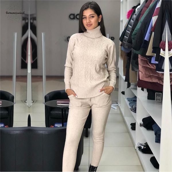 

sweater woman twisted knitted sets turtleneck pull femme suits and pant two piece outfits female drop shipping, White