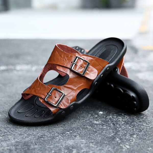 

genuine leather slippers mens flat sandals women shoes double buckle famous brand arizona summer beach flip flops high quality, Black