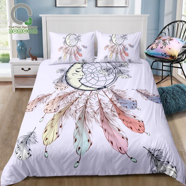 

bomcom 3d digital printing bedding set pastel dream catcher and feathers on purple 3-pieces duvet cover sets 100% microfiber