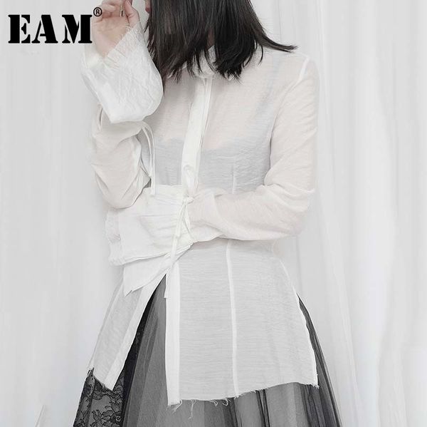 

women's blouses & shirts [eam] women white pleated thin blouse lapel long lantern sleeve loose fit shirt fashion tide spring summer 202