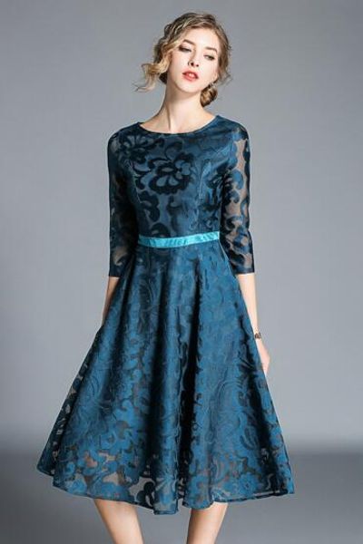 

european new autumn seven-point sleeves slim slimming long lace dress, Black;gray