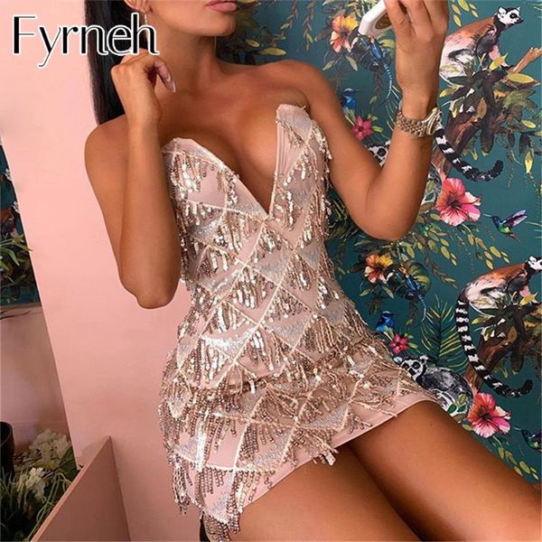 

casual dresses fyrneh deep backless strapless glitter party dress stylish tassel sequin elegant wear celebrity night club vintage vesti, Black;gray