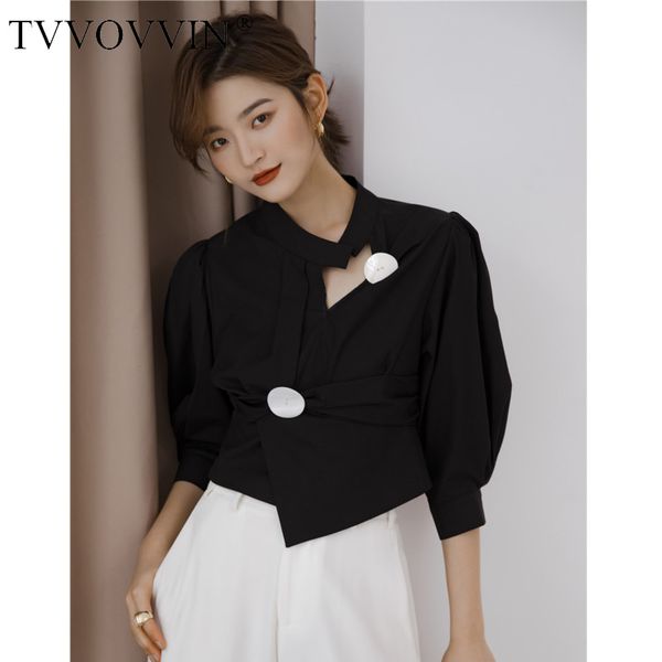 

tvvovvin designer black crop women puff sleeve button long sleeve blouse asymmetrical ladies button 2020 clothes ep4m, White