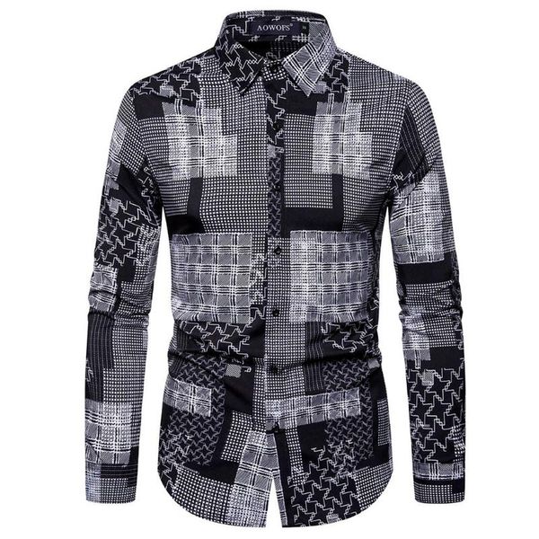 

mens ethnic style vintage printing slim long sleeve dress shirt, White;black