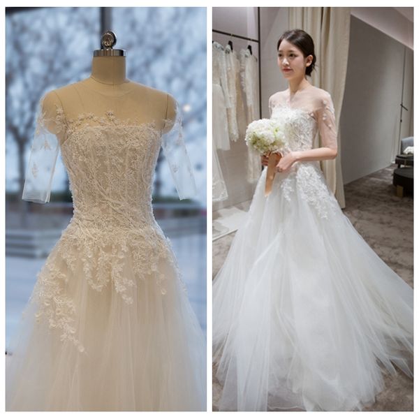 

элегантный белый тюль a-line назначения свадебные платья с рукавами кружева аппликации поезд стреловидности дешевые свадебные платья vestido, White