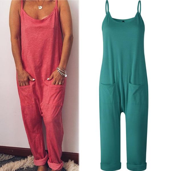 

fashion summer women jumpsuits pure color spaghetti strap o neck casual sleeveless pocket streetwear loose rompers hot, Black;white