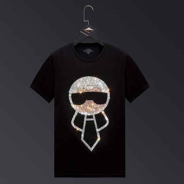 

plus size 6xl cartoon rhinestones t shirts men brand short sleeve fashion man streetwear o neck slim modal cotton tshirts, White;black