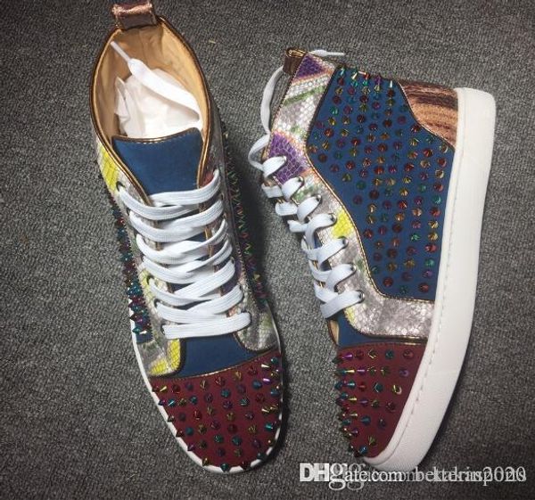 

luxury wedding party dress men sneakers red bottom python with colors spikes outwear fashion skate walking trainer, Black