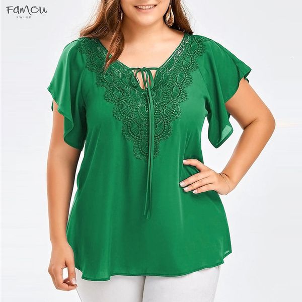 

plus size summer fashion women lady chiffon lace v neck ladies loose shirt casual short sleeve flutter sleeve blouse female blusa, White