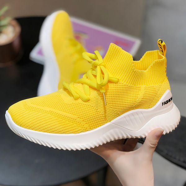 

2020 fashion women sport tennis shoes high bounce breathable knit upper sock sneakers yellow pink female footwear tenis feminino