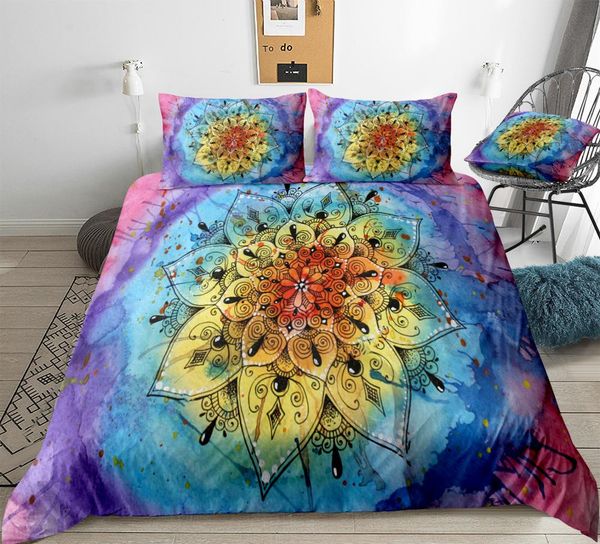 Watercolor Mandala Duvet Cover Set Boho Flower Bedding Colorful
